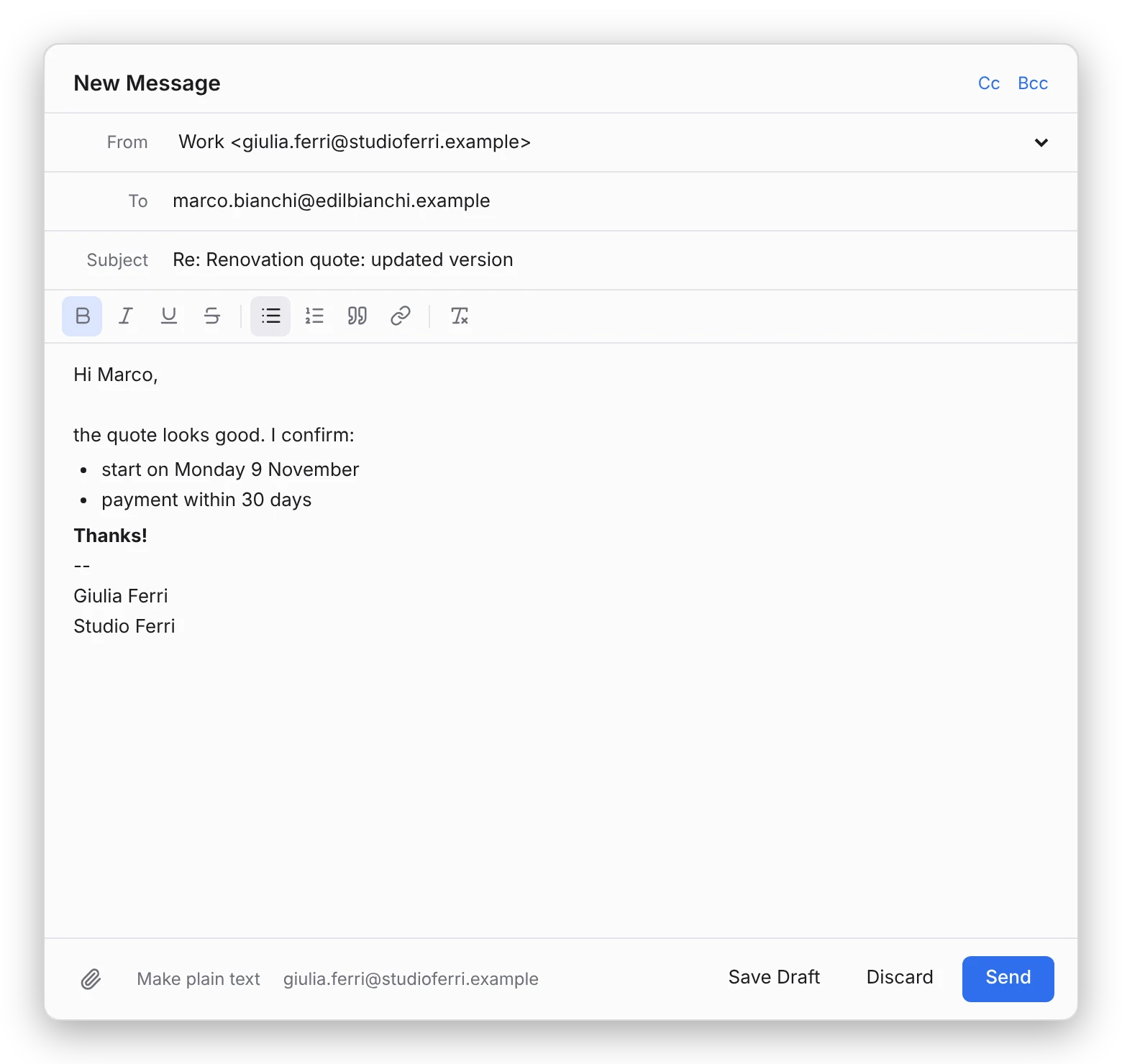 Compose window with the formatting bar, a bulleted list and a signature