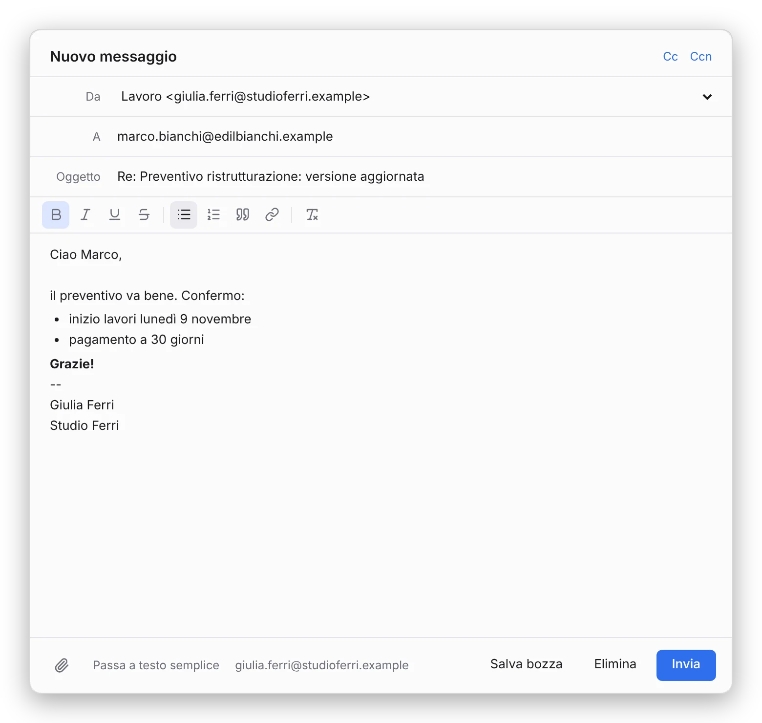 Finestra di scrittura con barra di formattazione, elenco puntato e firma