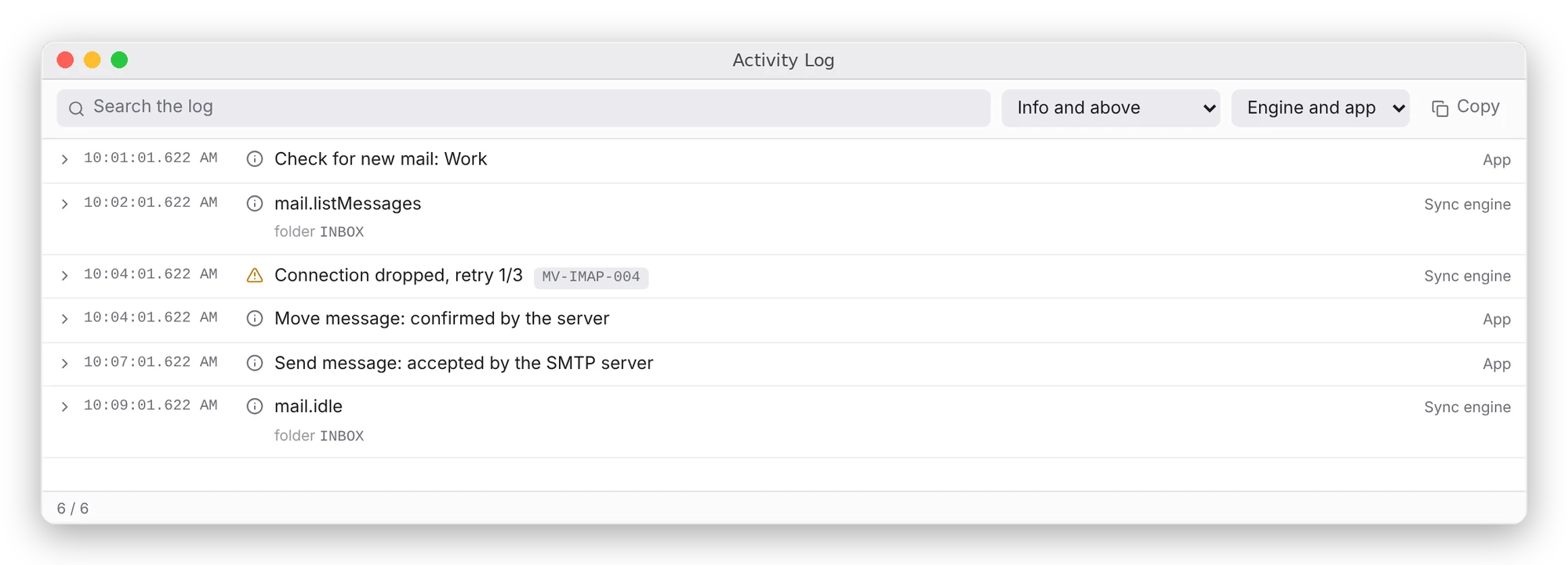 Activity log with search and filters