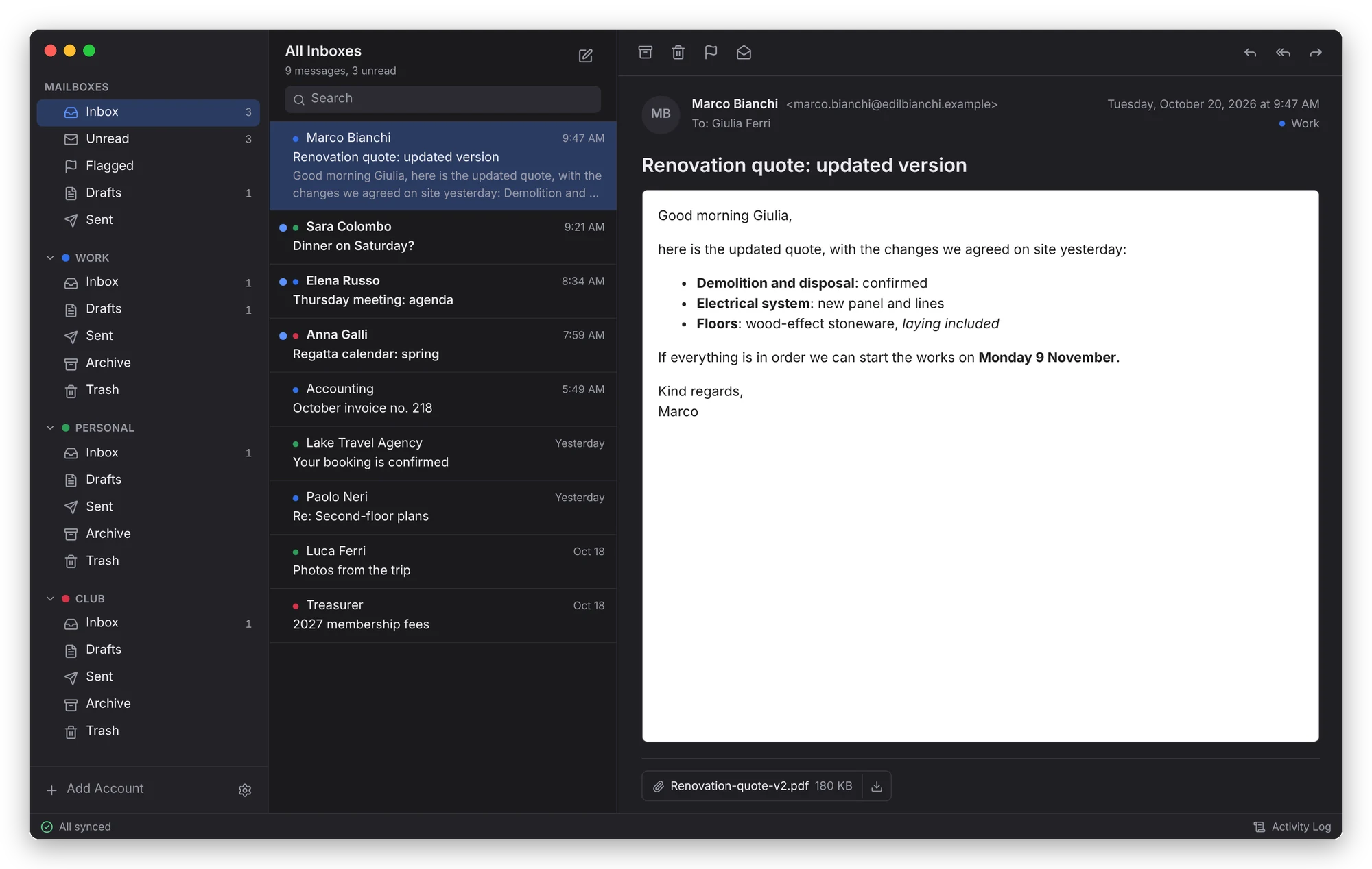 Mailvesper in the dark theme