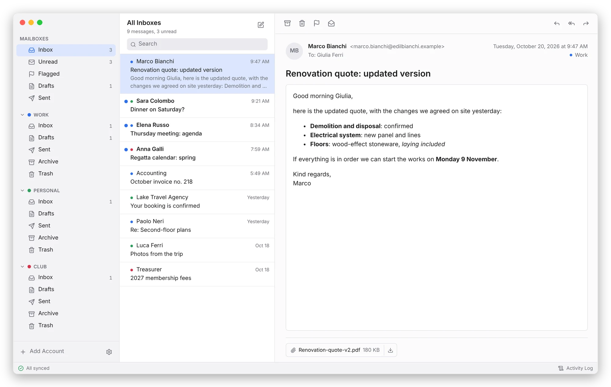 Mailvesper with three accounts: mailboxes on the left, messages in the middle, the open message on the right